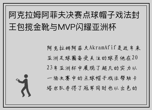 阿克拉姆阿菲夫决赛点球帽子戏法封王包揽金靴与MVP闪耀亚洲杯